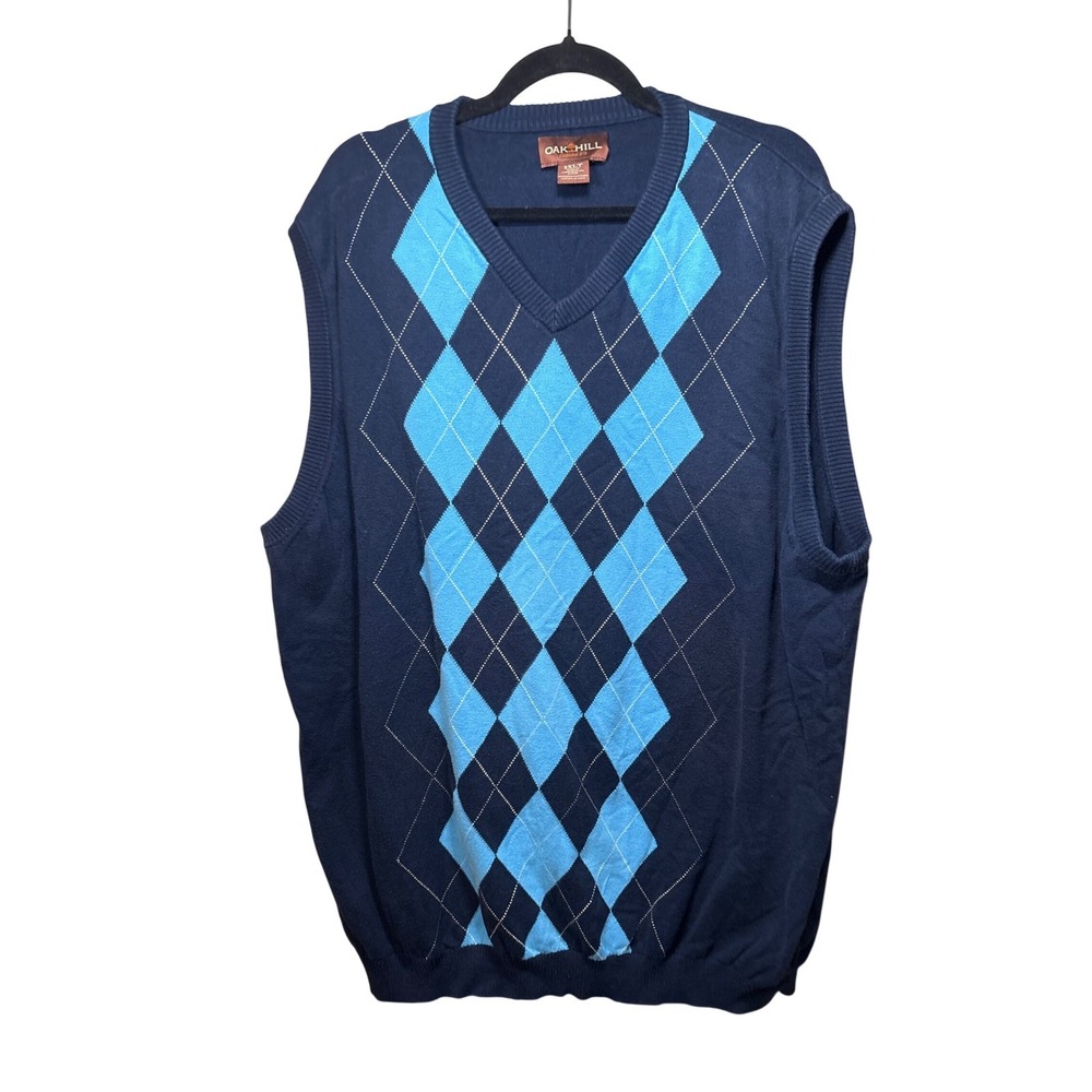 Oak Hill Mens Argyle V Neck Sweater Vest 2XL Navy Blue‎ Light Blue Cotton